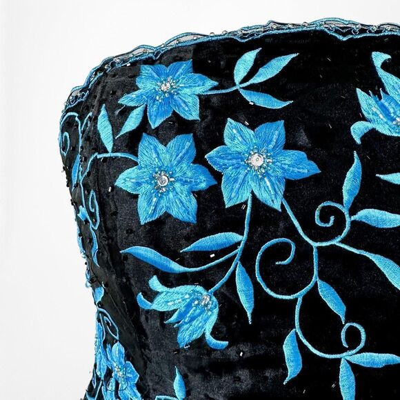 Vintage Black Blue Floral Beaded Strapless Maxi Bodycon Prom Dress Size XXS/XS - Picture 6 of 8